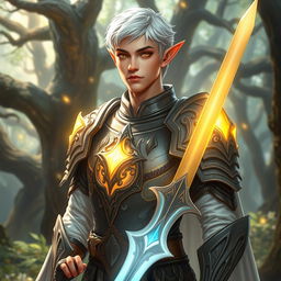 A male elf paladin with short white hair, exhibiting an aura of grace and strength