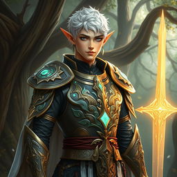 A male elf paladin with short white hair, exhibiting an aura of grace and strength