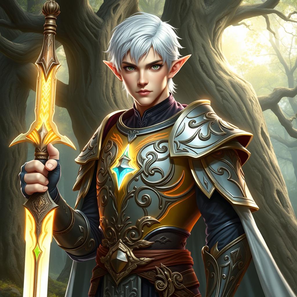 A male elf paladin with short white hair, exhibiting an aura of grace and strength