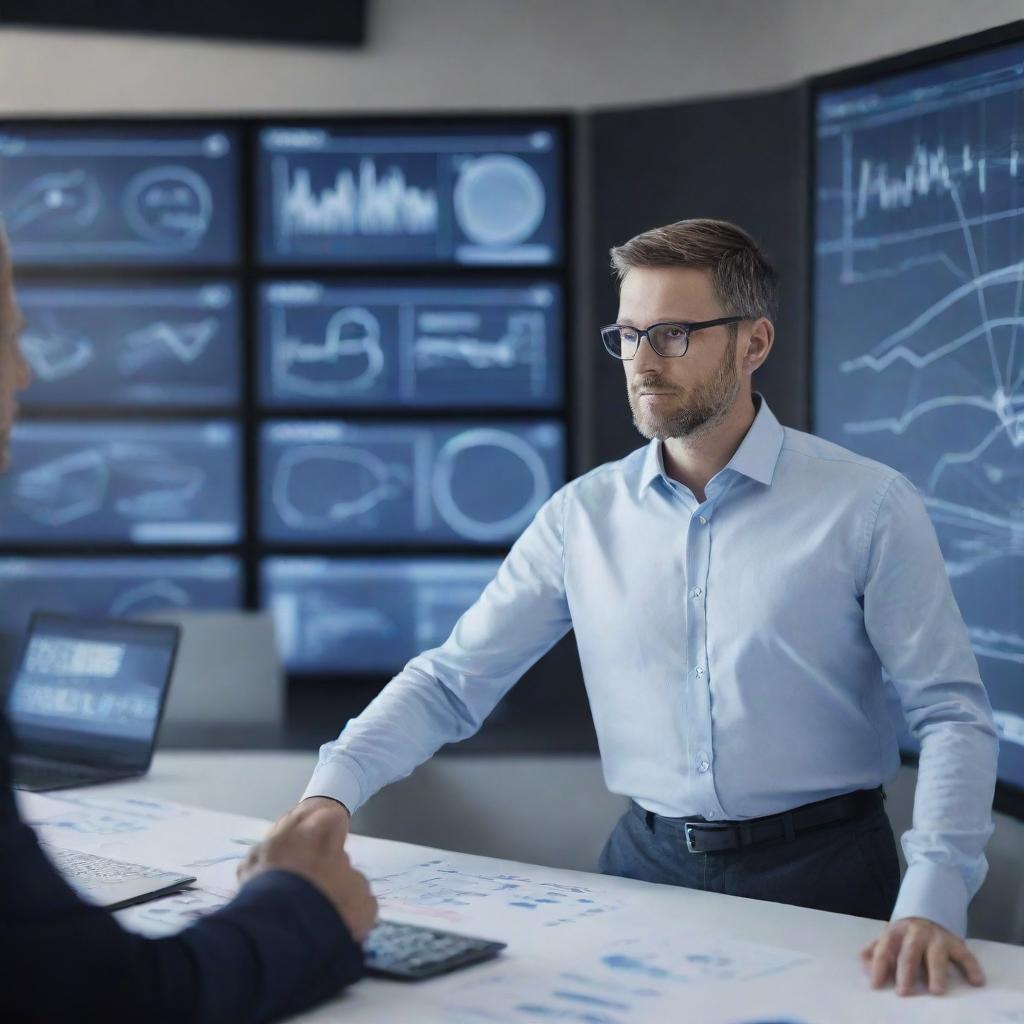 Generate a dynamic image of a team leader in a less formal attire, amidst a high-tech workspace. He's presenting innovative ideas to his team, exemplifying creative thinking, with digital screens displaying futuristic diagrams and data around him.