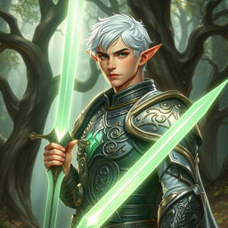 A male elf paladin with short white hair, exhibiting an aura of grace and strength