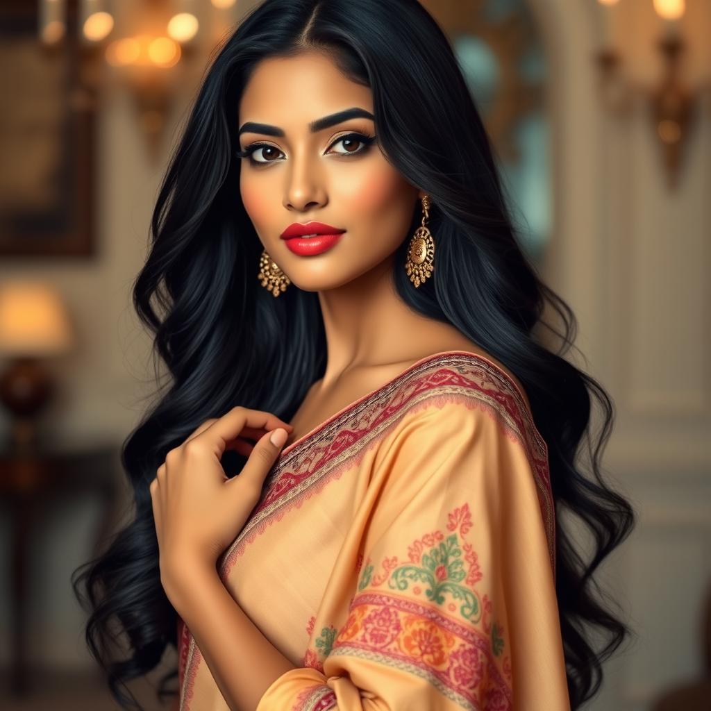 A beautiful Indian woman with long dark hair, exuding confidence and grace, standing in an indoor setting adorned with elegant decor