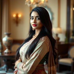 A beautiful Indian woman with long dark hair, exuding confidence and grace, standing in an indoor setting adorned with elegant decor