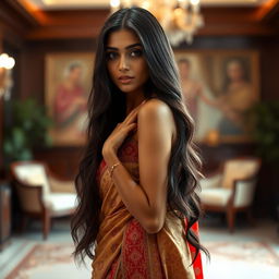 A beautiful Indian woman with long dark hair, exuding confidence and grace, standing in an indoor setting adorned with elegant decor