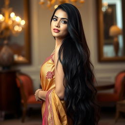 A beautiful Indian woman with long dark hair, exuding confidence and grace, standing in an indoor setting adorned with elegant decor