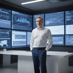 Generate a dynamic image of a team leader in a less formal attire, amidst a high-tech workspace. He's presenting innovative ideas to his team, exemplifying creative thinking, with digital screens displaying futuristic diagrams and data around him.