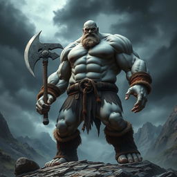 a towering 7-foot tall, 300-pound giant barbarian with gray skin, bald head, wielding a massive two-handed battle axe