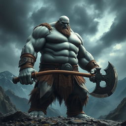 a towering 7-foot tall, 300-pound giant barbarian with gray skin, bald head, wielding a massive two-handed battle axe