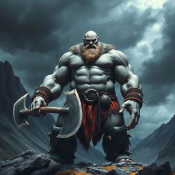 a towering 7-foot tall, 300-pound giant barbarian with gray skin, bald head, wielding a massive two-handed battle axe