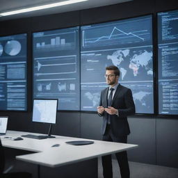 Generate a dynamic image of a team leader in a less formal attire, amidst a high-tech workspace. He's presenting innovative ideas to his team, exemplifying creative thinking, with digital screens displaying futuristic diagrams and data around him.