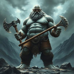 a towering 7-foot tall, 300-pound giant barbarian with gray skin, bald head, wielding a massive two-handed battle axe