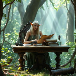 An elegant elf seated at a beautifully crafted wooden table in an enchanting forest setting