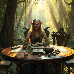 An elegant elf seated at a beautifully crafted wooden table in an enchanting forest setting