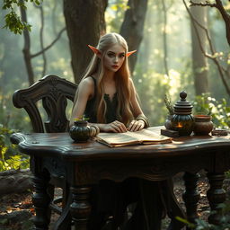 An elegant elf seated at a beautifully crafted wooden table in an enchanting forest setting