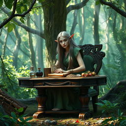 An elegant elf seated at a beautifully crafted wooden table in an enchanting forest setting