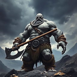 a towering 7-foot tall, 300-pound giant barbarian with gray skin, bald head, wielding a massive two-handed battle axe