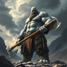 a towering 7-foot tall, 300-pound giant barbarian with gray skin, bald head, wielding a massive two-handed battle axe