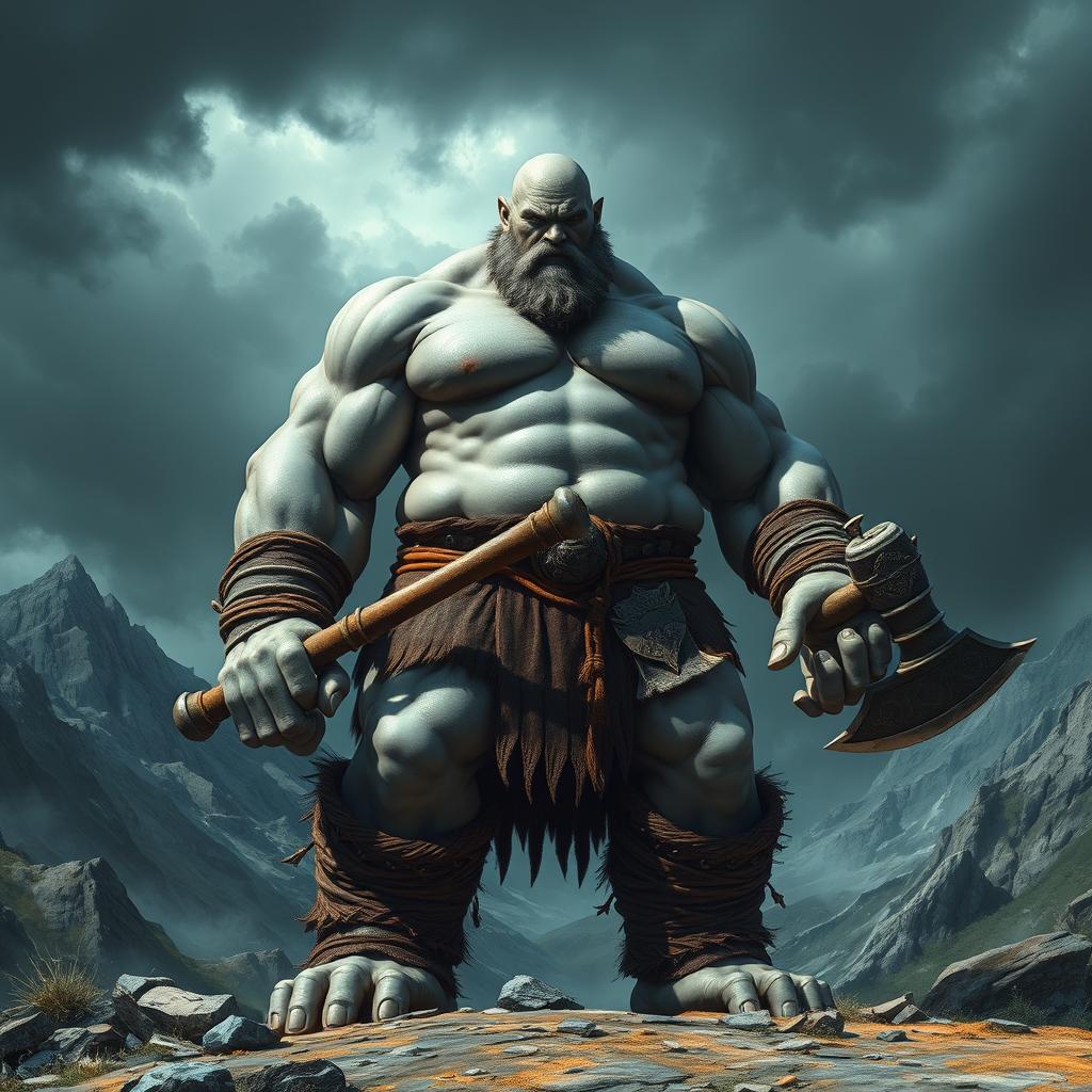 a towering 7-foot tall, 300-pound giant barbarian with gray skin, bald head, wielding a massive two-handed battle axe