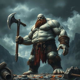 a towering 7-foot tall, 300-pound giant barbarian with gray skin, bald head, wielding a massive two-handed battle axe