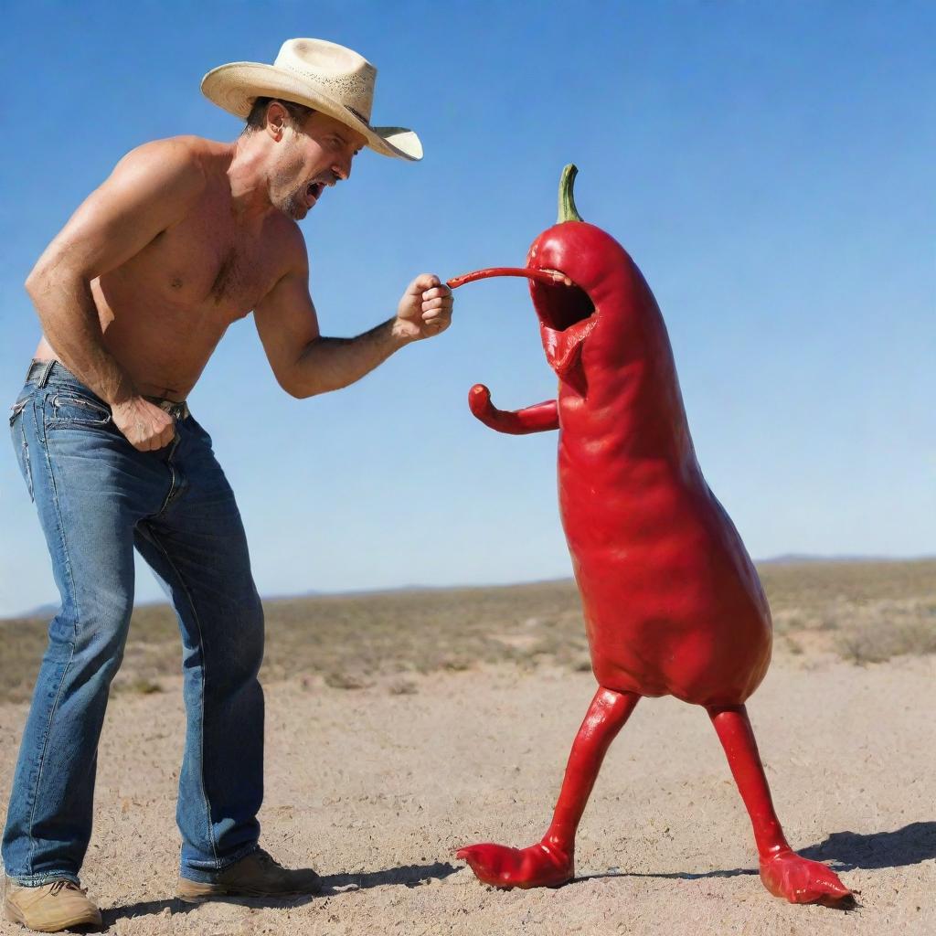 A rugged man engaging in a humorous battle of wills with a monstrous red chili pepper demonstrating their fiery confrontation.