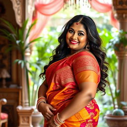 A voluptuous Indian woman with large curves wearing traditional Indian attire, showcasing her confidence and elegance