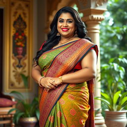 A voluptuous Indian woman with large curves wearing traditional Indian attire, showcasing her confidence and elegance