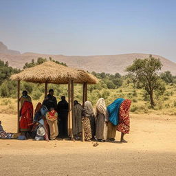 A group of Ethiopian people waiting at a bus stop, set against the backdrop of a rural Ethiopian landscape.