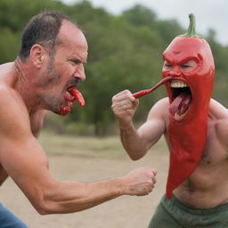 A rugged man engaging in a humorous battle of wills with a monstrous red chili pepper demonstrating their fiery confrontation.