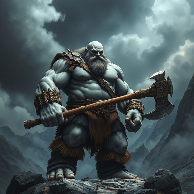 a towering 7-foot tall, 300-pound giant barbarian with gray skin, bald head, wielding a massive two-handed battle axe