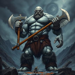 a towering 7-foot tall, 300-pound giant barbarian with gray skin, bald head, wielding a massive two-handed battle axe