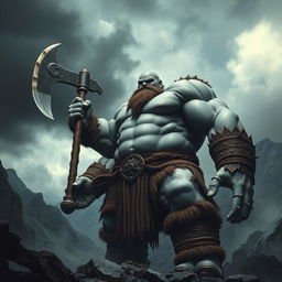 a towering 7-foot tall, 300-pound giant barbarian with gray skin, bald head, wielding a massive two-handed battle axe