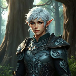 A noble elf paladin with short, striking white hair, exuding an air of majesty and valor