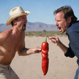 A rugged man engaging in a humorous battle of wills with a monstrous red chili pepper demonstrating their fiery confrontation.