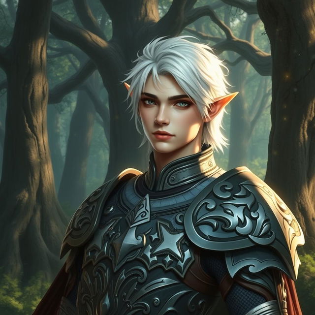 A noble elf paladin with short, striking white hair, exuding an air of majesty and valor