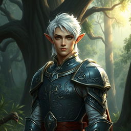 A noble elf paladin with short, striking white hair, exuding an air of majesty and valor