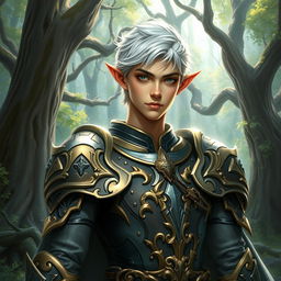 A noble elf paladin with short, striking white hair, exuding an air of majesty and valor