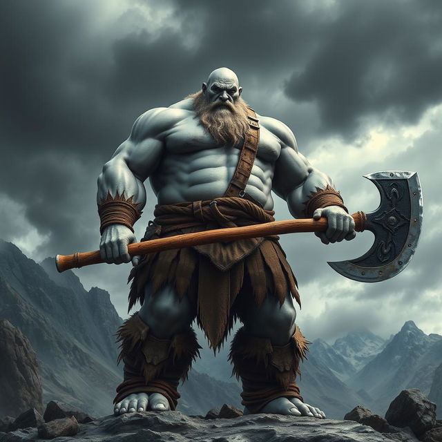 a towering 7-foot tall, 300-pound giant barbarian with gray skin, bald head, and beardless face, wielding a massive two-handed battle axe