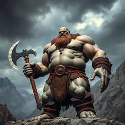 a towering 7-foot tall, 300-pound giant barbarian with gray skin, bald head, and beardless face, wielding a massive two-handed battle axe