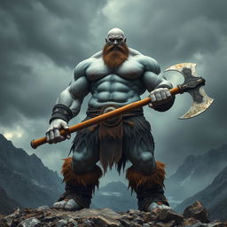 a towering 7-foot tall, 300-pound giant barbarian with gray skin, bald head, and beardless face, wielding a massive two-handed battle axe