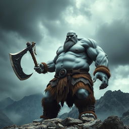 a towering 7-foot tall, 300-pound giant barbarian with gray skin, bald head, and beardless face, wielding a massive two-handed battle axe