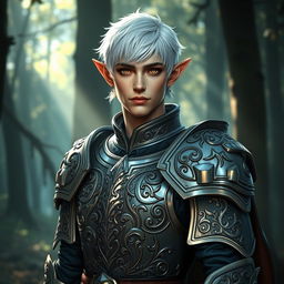 A male elf paladin with short white hair styled in a masculine haircut, showcasing an aura of nobility and valor