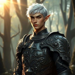 A male elf paladin with short white hair styled in a masculine haircut, showcasing an aura of nobility and valor