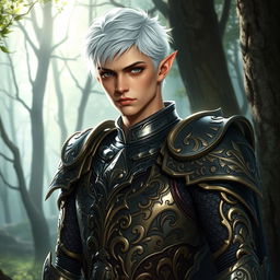 A male elf paladin with short white hair styled in a masculine haircut, showcasing an aura of nobility and valor