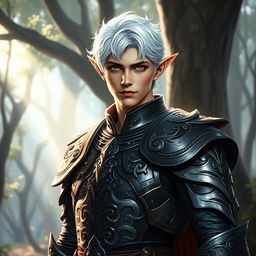 A male elf paladin with short white hair styled in a masculine haircut, showcasing an aura of nobility and valor