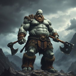 a towering 7-foot tall, 300-pound goliath barbarian with gray skin, bald head, wielding a massive two-handed battle axe