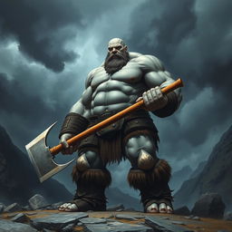 a towering 7-foot tall, 300-pound goliath barbarian with gray skin, bald head, wielding a massive two-handed battle axe