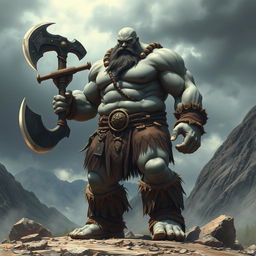 a towering 7-foot tall, 300-pound goliath barbarian with gray skin, bald head, wielding a massive two-handed battle axe