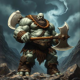 a towering 7-foot tall, 300-pound goliath barbarian with gray skin, bald head, wielding a massive two-handed battle axe