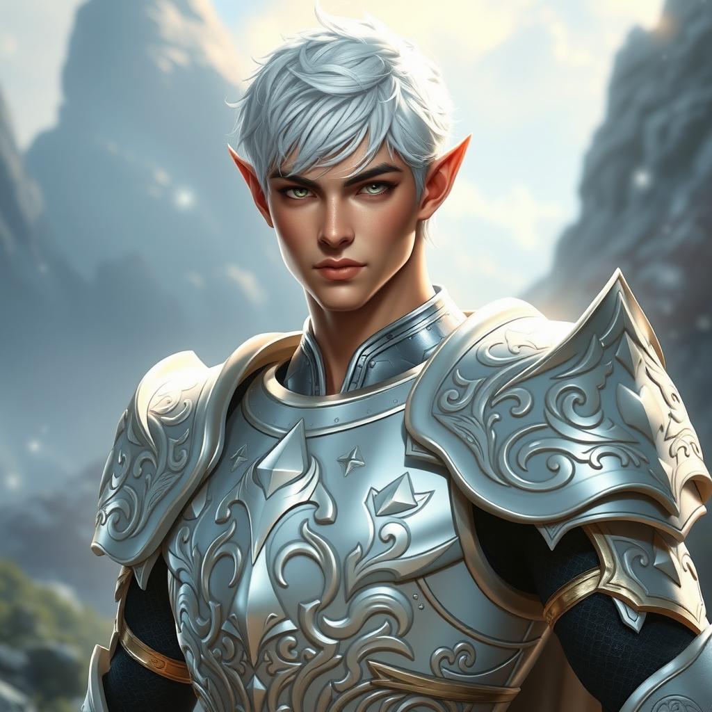 A striking male elf paladin with short white hair in a masculine haircut, wearing gleaming white armor adorned with intricate designs