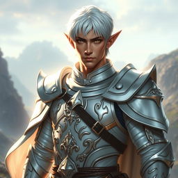 A striking male elf paladin with short white hair in a masculine haircut, wearing gleaming white armor adorned with intricate designs